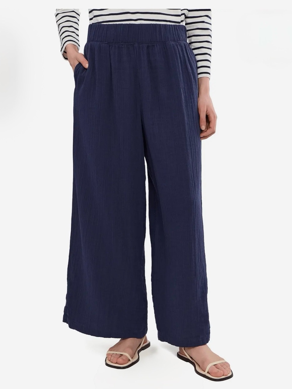 L.L. Bean Cloud Gauze Wide Leg Pants 100% Cotton Elastic Waist Navy Size Large - Picture 10 of 10